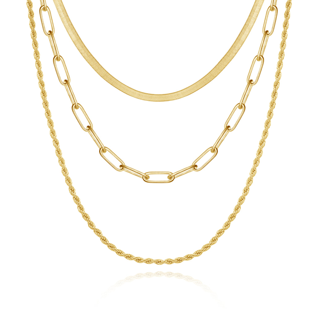 Dainty 14K Gold Layered Necklaces- Snake+Rope+Paperclip Chain