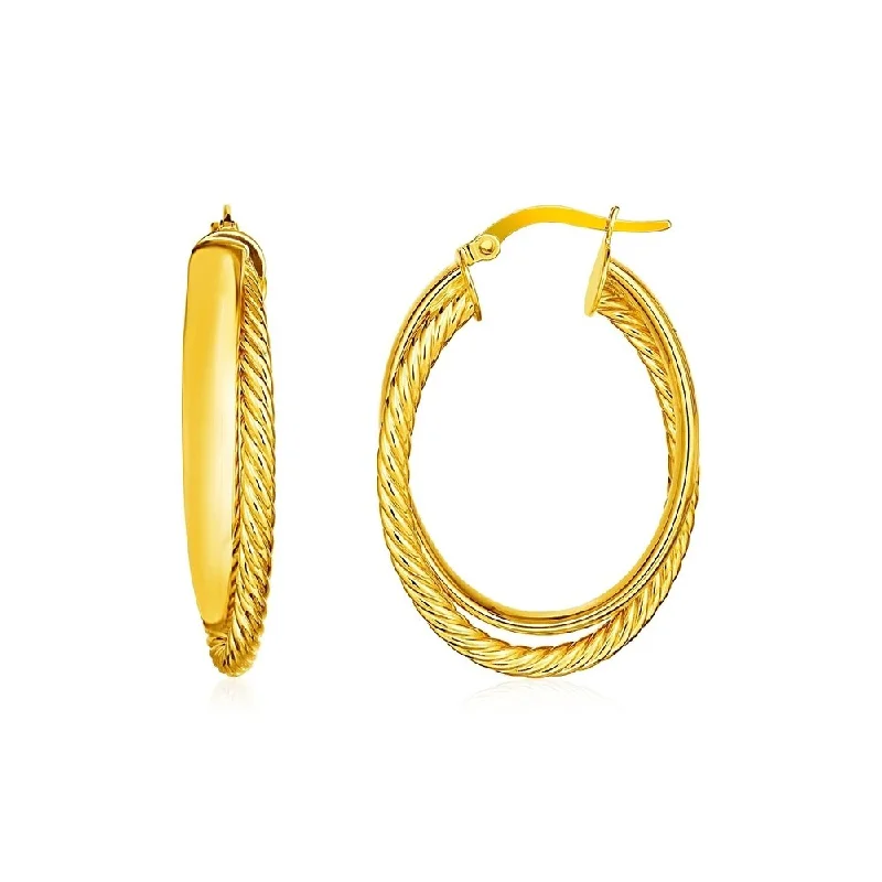 14k Yellow Gold Two Part Textured Twisted Oval Hoop Earrings