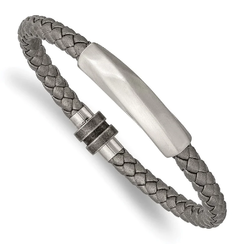 Stainless Steel & Gray Leather Brushed Freeform Tube Bracelet, 8.25 In