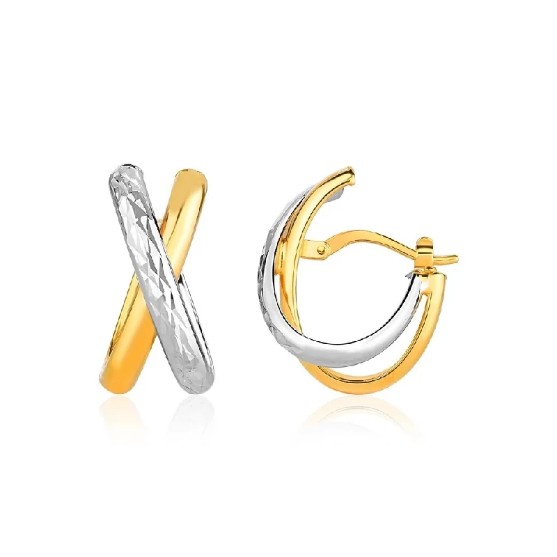 14k Two-Tone Gold X Stye Multi-Textured Hoop Earrings