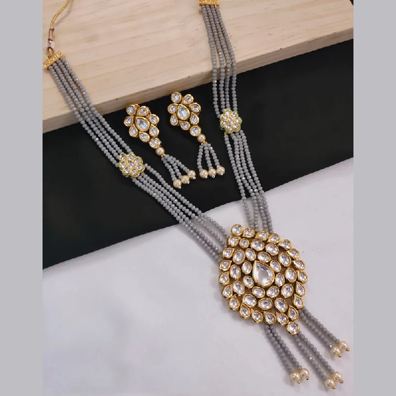 SNERA Gold Plated Kundan Stone And Pearls Long Necklace Set