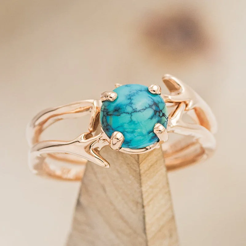 "ARTEMIS" - ROUND CUT TURQUOISE ENGAGEMENT RING WITH AN ANTLER-STYLE STACKING BAND