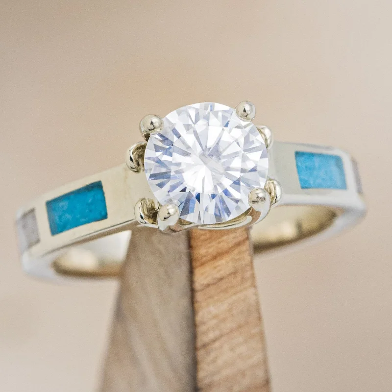 "FAWN" - ROUND CUT MOISSANITE ANTLER PRONGED ENGAGEMENT RING WITH ANTLER & TURQUOISE INLAYS