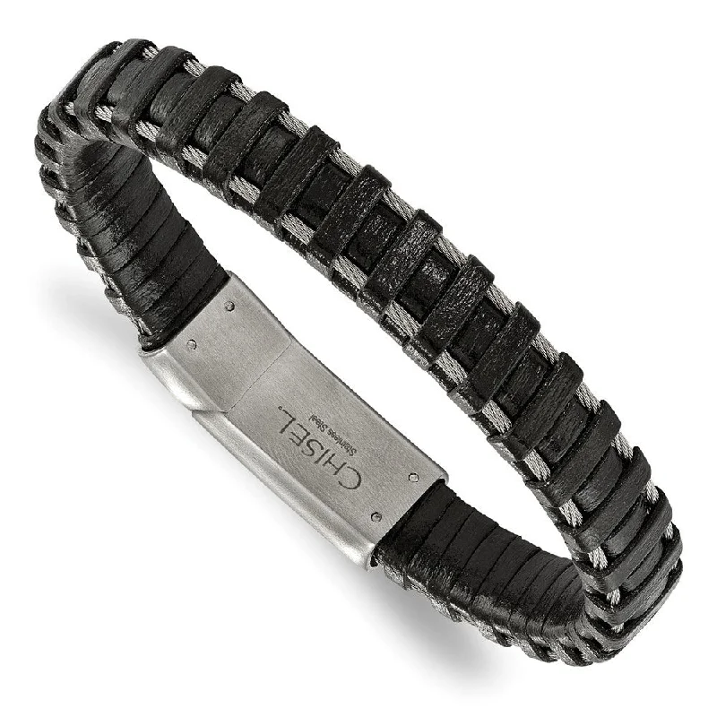 11.5mm Stainless Steel Brushed Cable & Black Leather Bracelet, 8.5 In