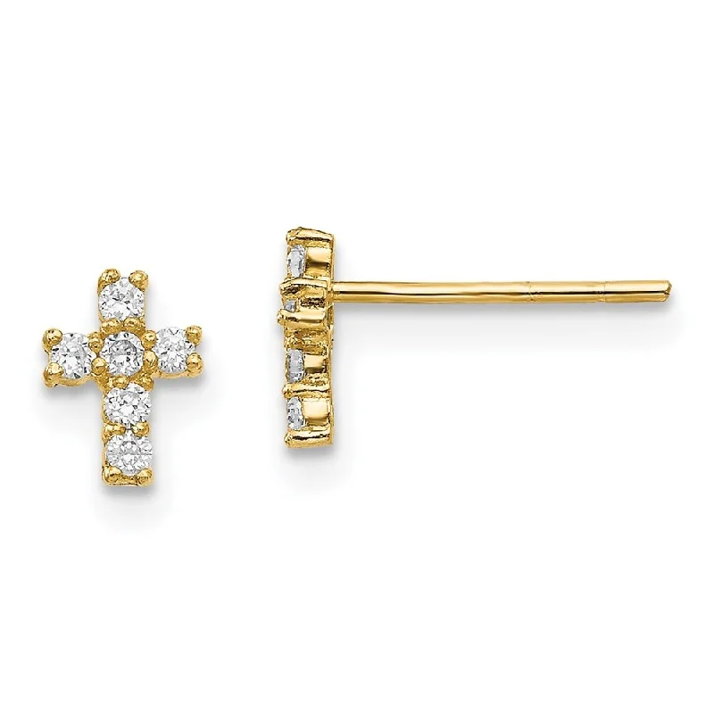 14k Yellow Gold Cubic Zirconia Cross Stud Earrings (L-6 mm, W-5 mm)