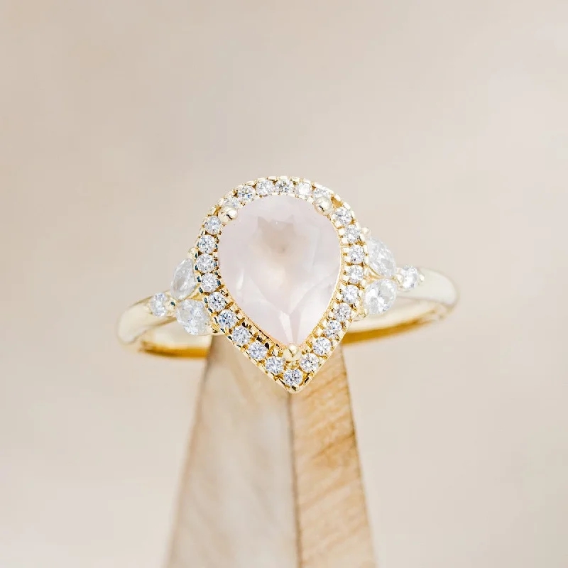 "DREAM" - PEAR CUT ROSE QUARTZ ENGAGEMENT RING WITH DIAMOND HALO & ACCENTS