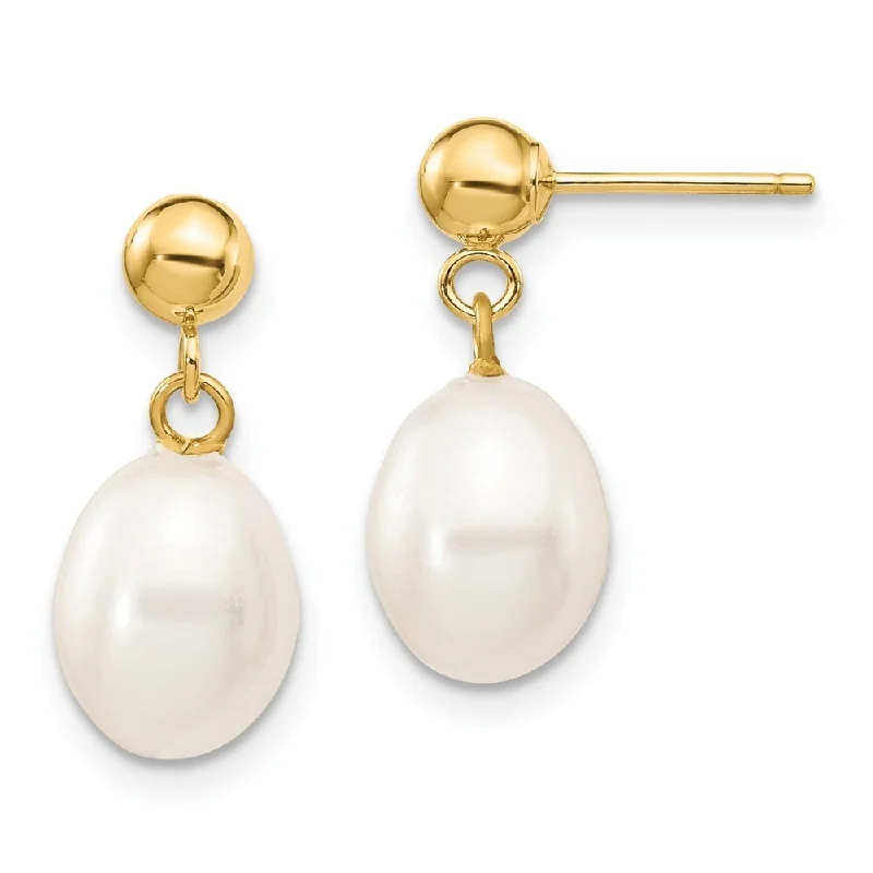 14k Yellow Gold White Pearl Dangle Earrings (L-17 mm, W-7.5 mm)