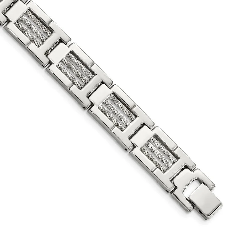 Men's Stainless Steel Gray Cable Inlay Link Bracelet, 8.5 Inch