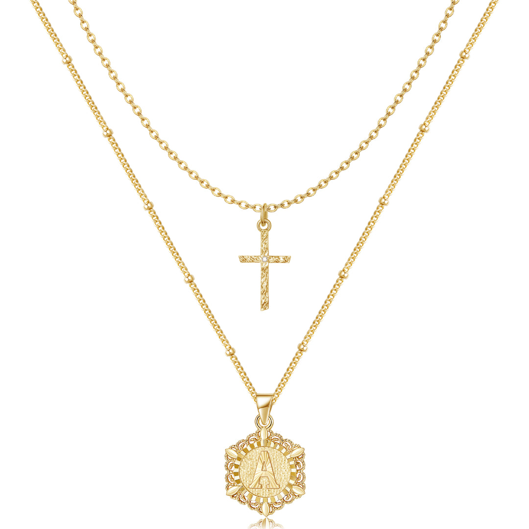 14K Gold Layered Initial Letter Pendant Cross Choker Necklace- Hexagon