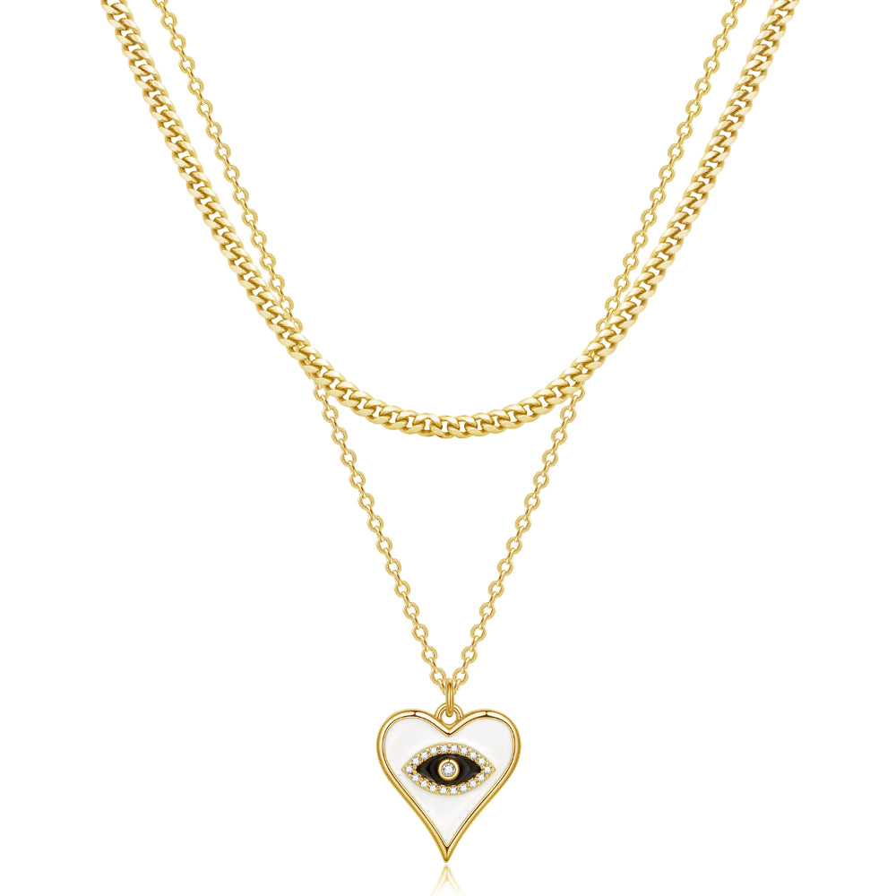 Dainty 14K Gold Layered Evil Eye Religious Necklace- Cuban Chain+Heart Eye