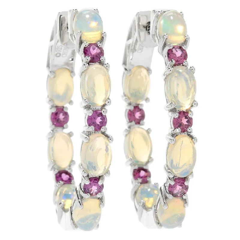 Sterling Silver 1.25" Ethiopian Opal & Rhodolite Hoop Earrings