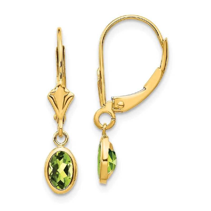 14k Yellow Gold Oval Bezel August Peridot Drop Earrings w/ Leverback (L-23 mm, W-4 mm)