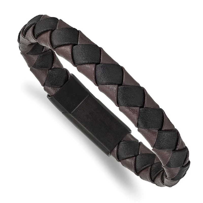 11mm Black Plated Stainless Steel Black/Brown Leather Bracelet 8.25 In