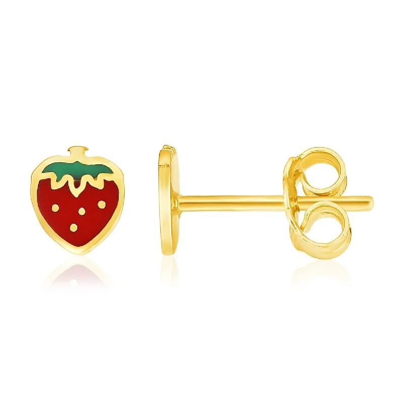 14k Yellow Gold Enameled Strawberry Childrens Earrings