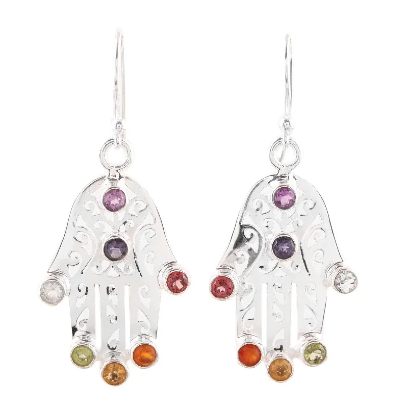 NOVICA Hamsa Chakra, Multi-gemstone dangle earrings - 1.6*0.7