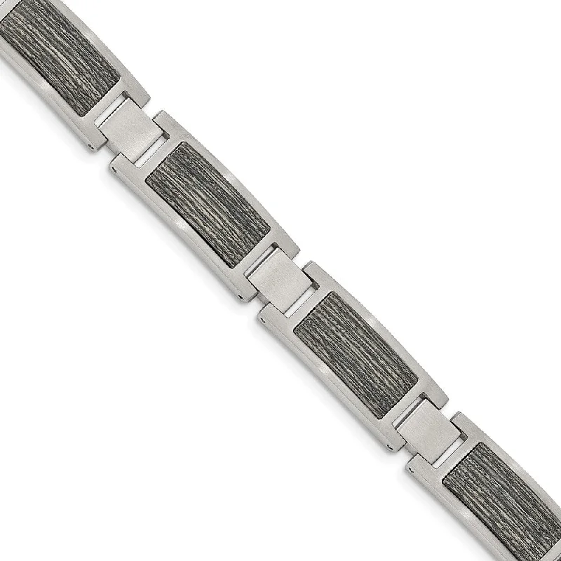 Men's 12mm Stainless Steel & Grey Wood Inlay Link Bracelet, 8.75 Inch