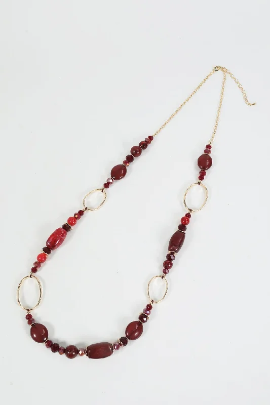 Red Bead & Circle Detail Long Necklace