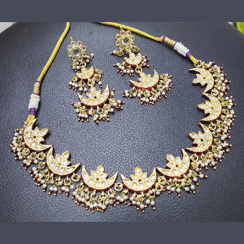 FS Collection Gold Plated Kundan Stone And Pearls Choker Necklace Set