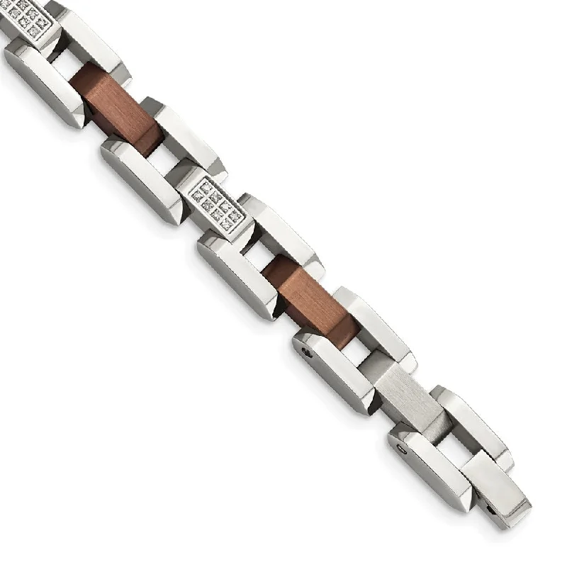 9mm Stainless Steel Brown Plated 1/4 Ctw Diamond Link Bracelet, 8.5 In