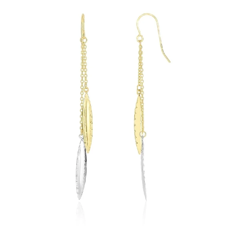 14k Two-Tone Gold Double Strand Chain Diamond Cut Marquis Drop Earrings