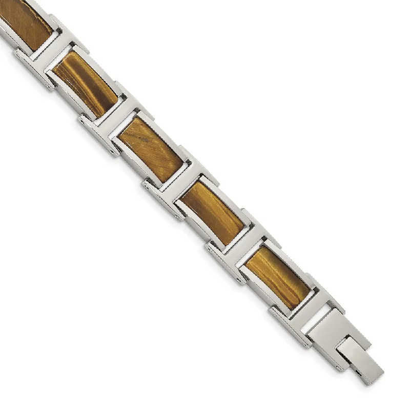 Men's 11mm Stainless Steel & Brown Tiger's Eye Link Bracelet, 8.5 Inch