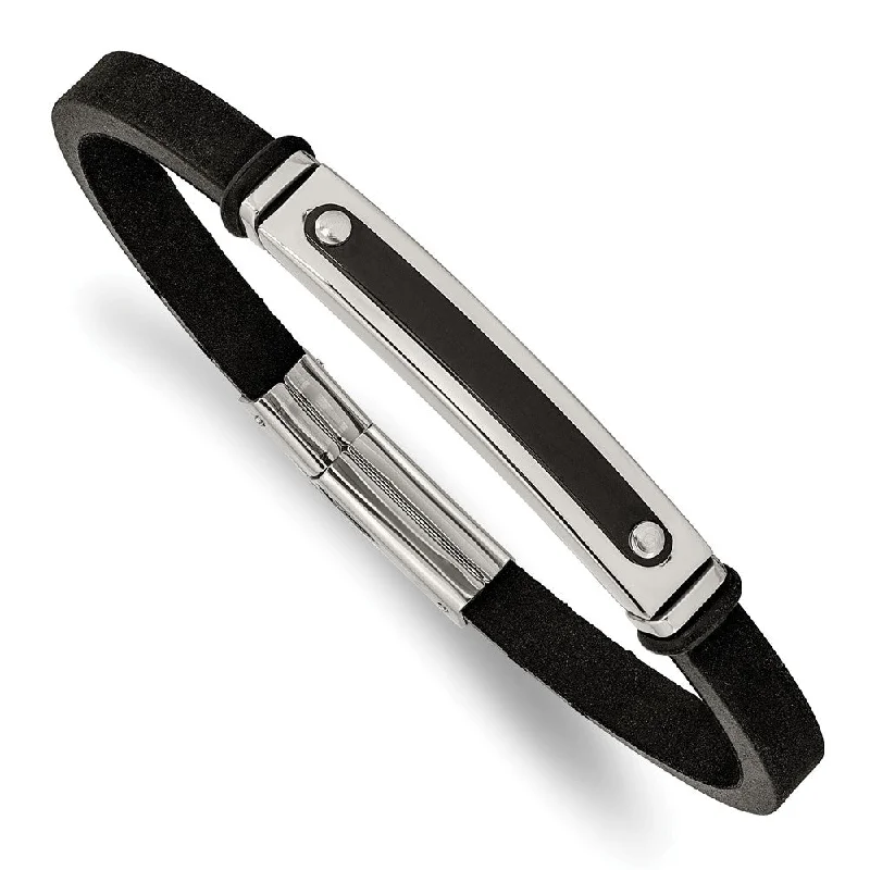 Men's Two Tone Stainless Steel & Black Rubber I.D. Bracelet, 8.25 Inch