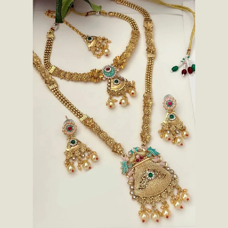 FS Collection Gold Plated Pota Stone And Pearls Double Necklace Set