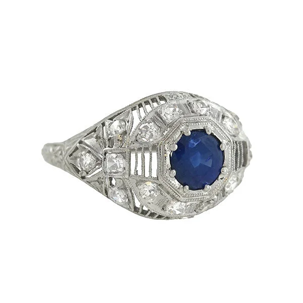 Art Deco Platinum Sapphire & Diamond Filigree Ring .91ct