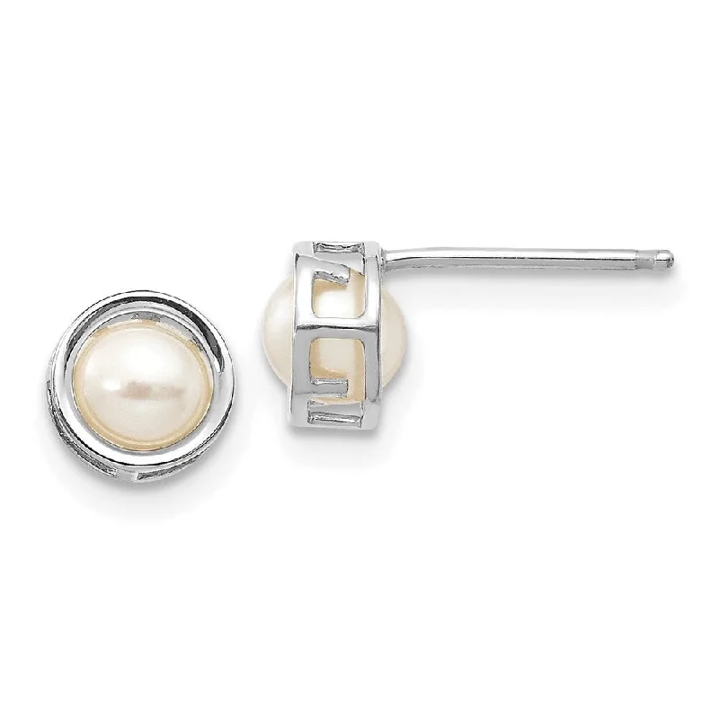 14k White Gold Bezel Cultured Pearl Stud Earrings (L-5 mm, W-5 mm)