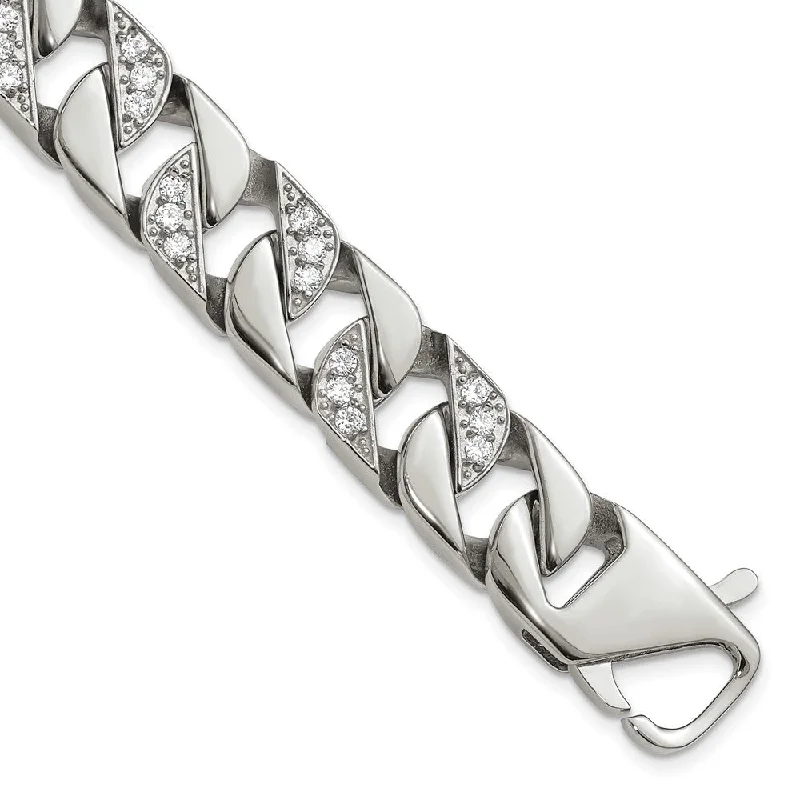 Men's 13mm Stainless Steel & CZ Curb Chain Bracelet, 8.5 Inch