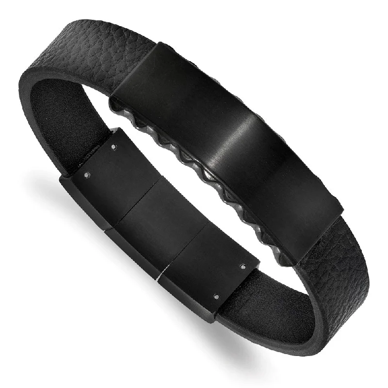 Black Plated Stainless Steel Black Leather Adj. I.D. Bracelet, 7.75 In