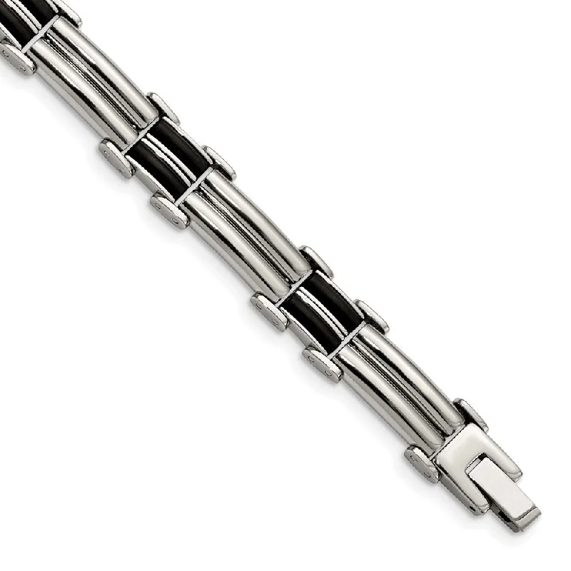 Men's 10mm Polished Stainless Steel & Black Rubber Bracelet, 8 Inch