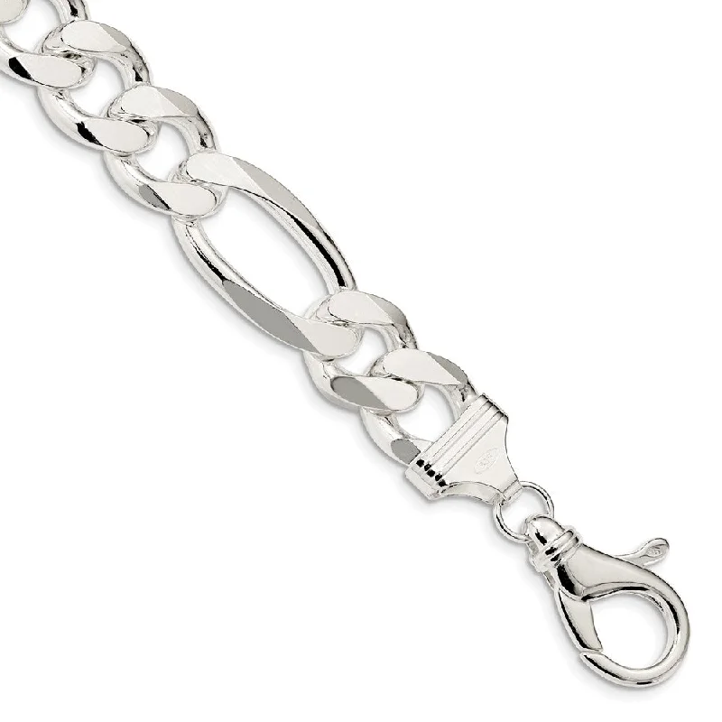 Men's 15mm, Sterling Silver, Solid Figaro Chain Bracelet