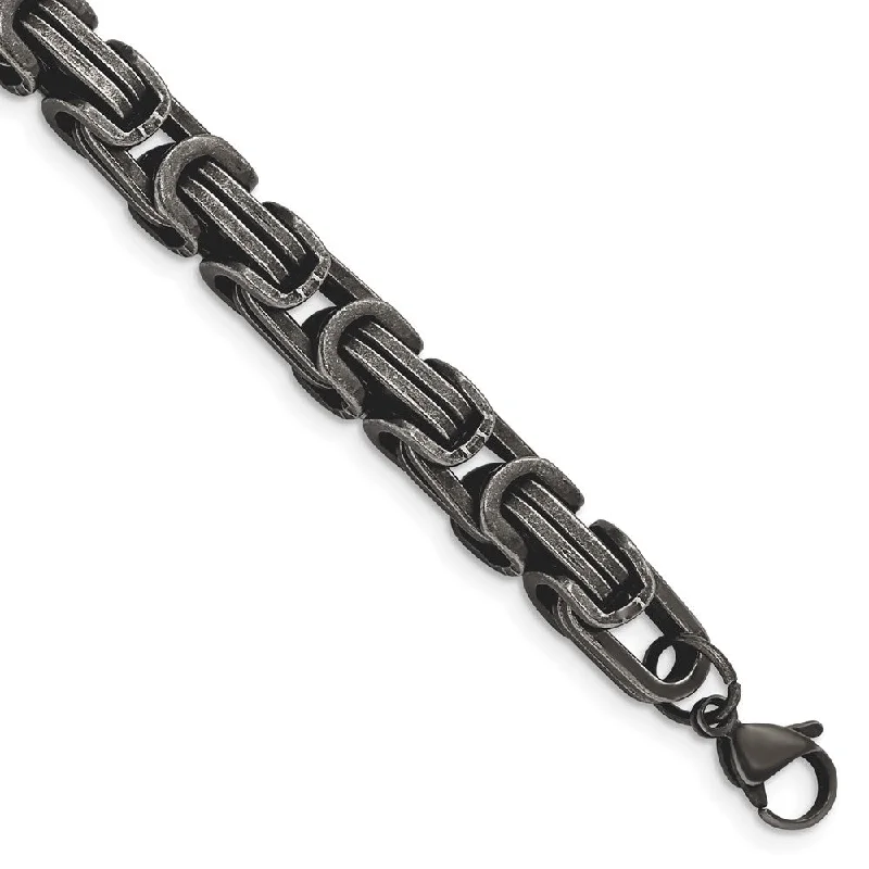 Mens 8.5mm Stainless Steel Antiqued Byzantine Chain Bracelet, 8.5 Inch