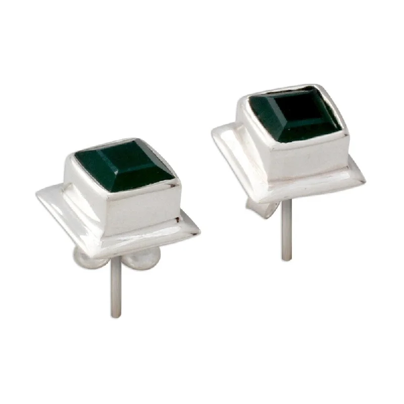 Sterling Silver 'Contemporary Squared' Green Onyx Earrings