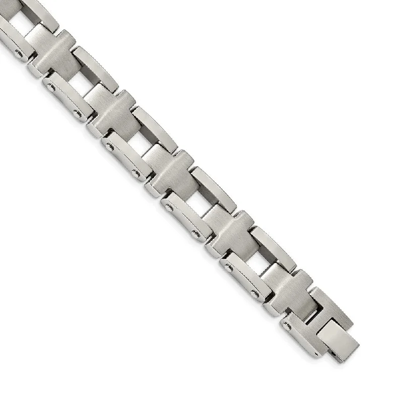 14mm Stainless Steel Brushed & Polished Cross Link Bracelet, 8.5 Inch