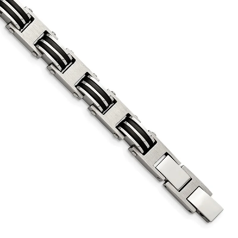 Men's 9mm Stainless Steel & Black Rubber Adj. Link Bracelet, 8.25 Inch