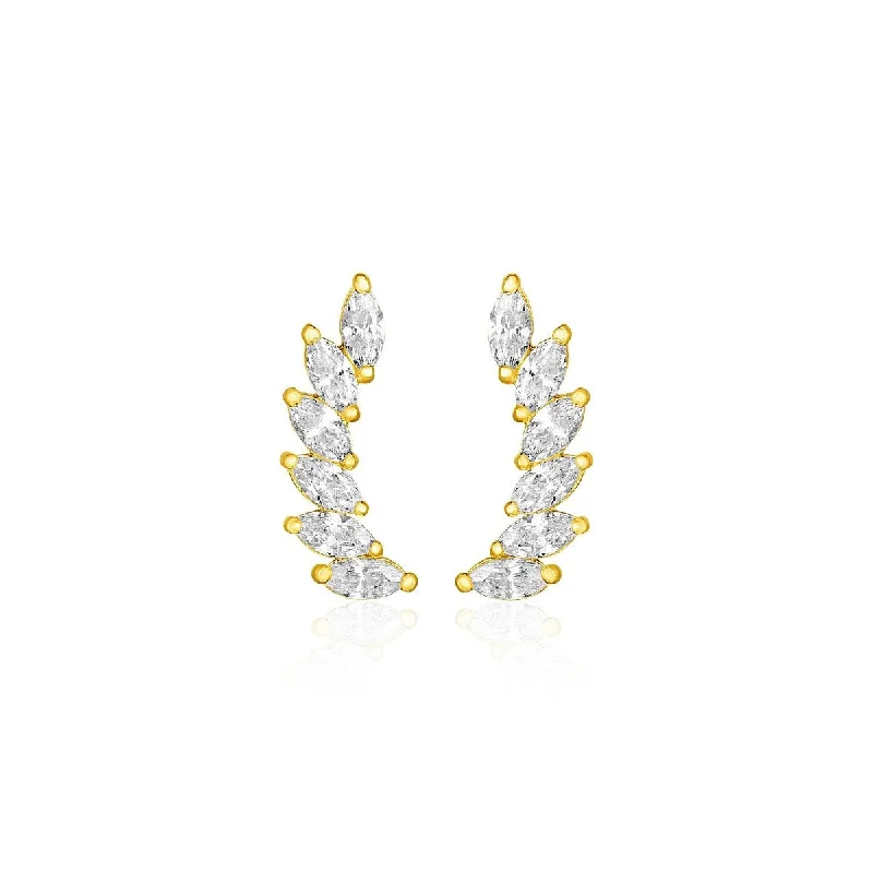 14k Yellow Gold Leaf Motif Climber Post Earrings with Marquise Cubic Zirconias