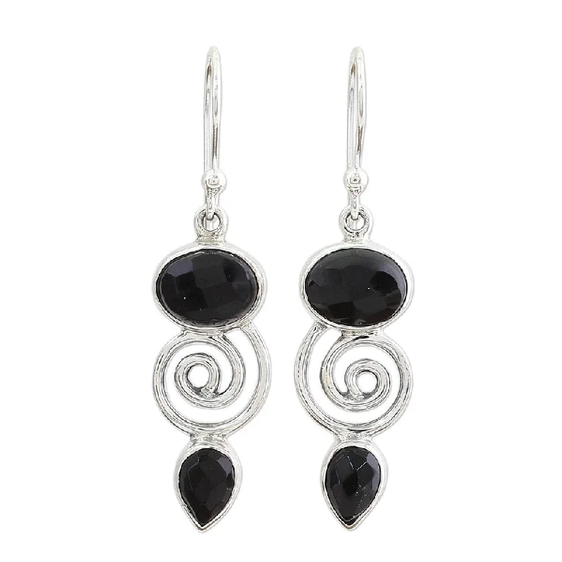 Handmade Sterling Silver Romantic Journey Onyx Earrings (India) - 1.7*0.4