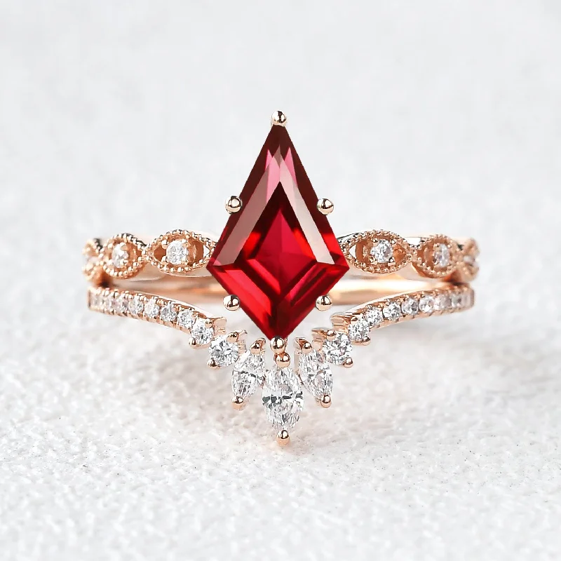 Unique Kite Cut Lab Ruby Engagement Ring Set 2pcs