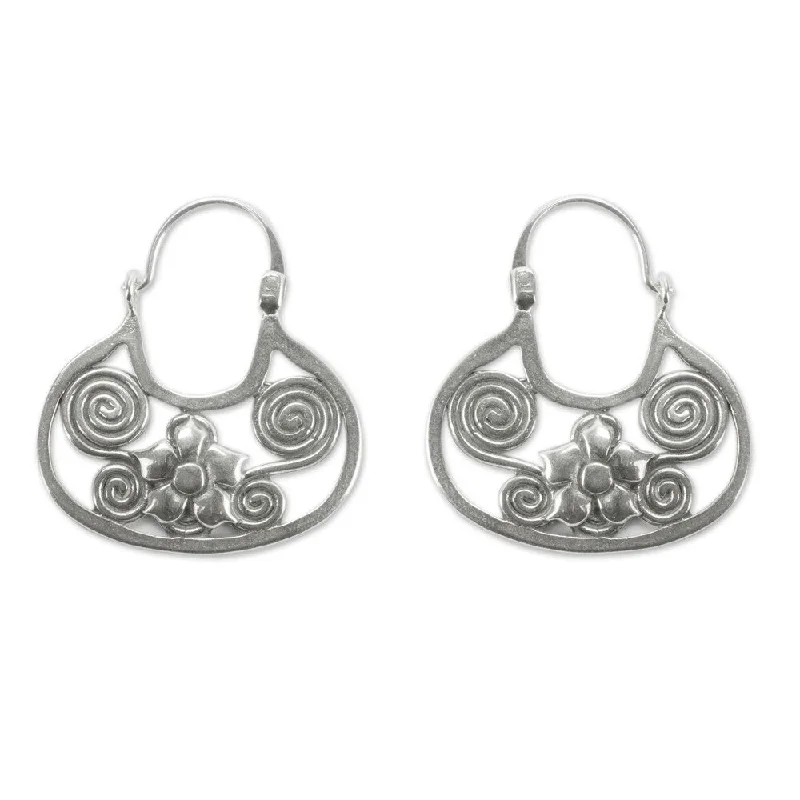 Handmade Floral Mazahua Sterling Silver Earrings (Mexico) - 1.4*1.2