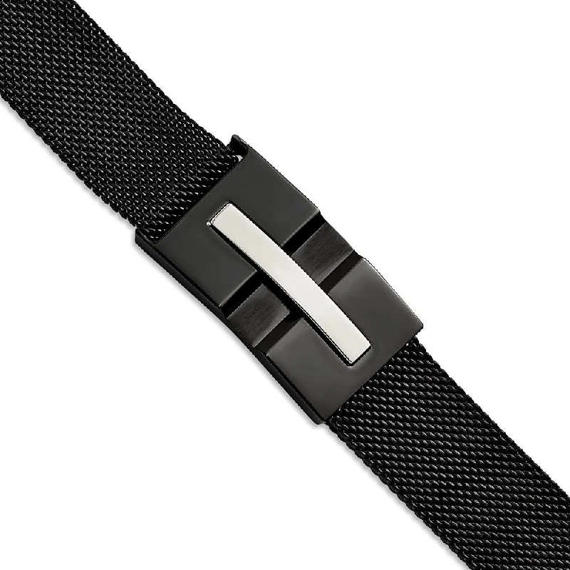 Black Plated Stainless Steel Mesh Adjustable Bracelet, 9.25 Inch