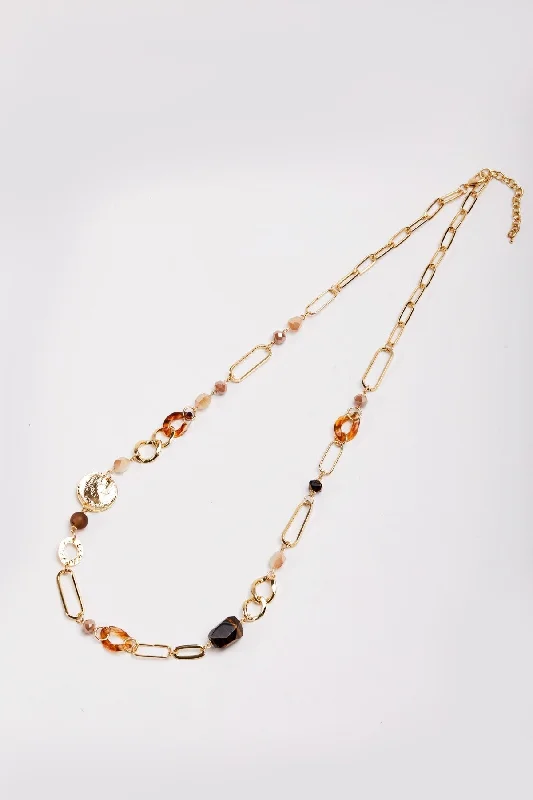 Brown Beaded Link Chain Necklace