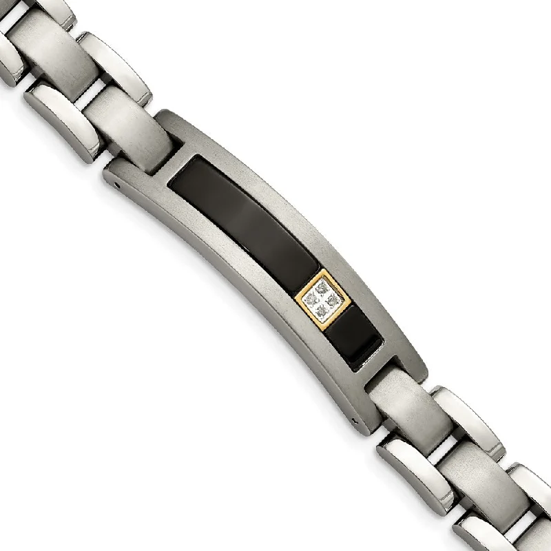 Titanium, 14K Gold Accent, Onyx & .05ctw Diamond Link Bracelet, 8 Inch