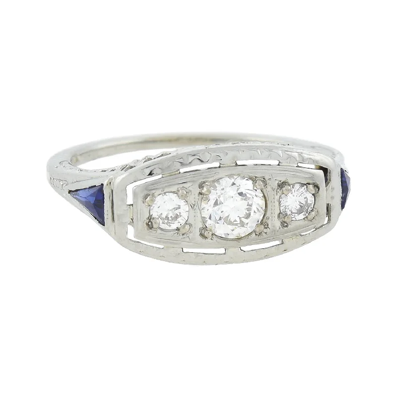 Edwardian 18kt Diamond + Sapphire 3-Stone Ring 0.50ctw.