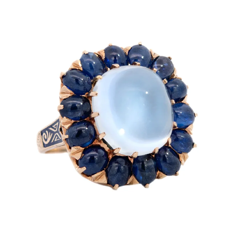 Vintage 14k Moonstone & Sapphire Cluster Ring