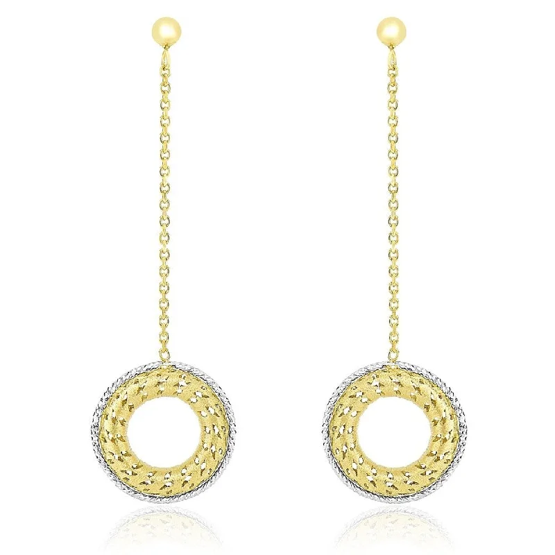 14k Two-Tone Gold Mesh Donut Motif Chain Dangling Earrings