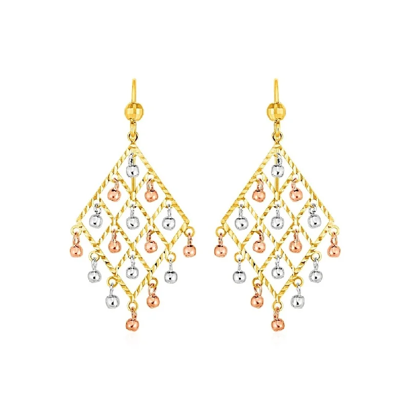 Textured Chandelier Earrings with Ball Drops in 14k Tri Color Gold