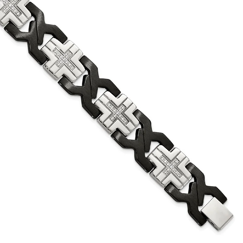 14mm Stainless Steel, Black Plated & CZ Cross Link Bracelet, 8.25 Inch