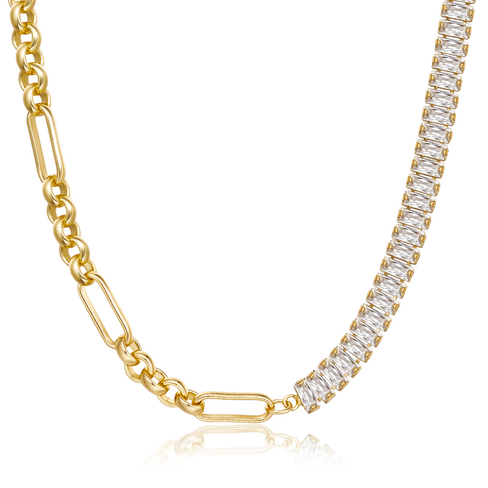 14K Gold Plated Diamond Tennis Necklace CZ Tennis Chain-Paperclip & Baguette White CZ